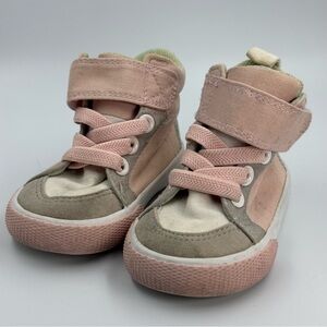 High Top Baby Sneakers Elastic Laces & Hook & Loop Strap Pink Grey Size 2.5-3.5